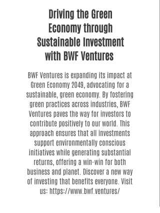 Driving the Green Economy through Sustainable Investment with BWF Ventures