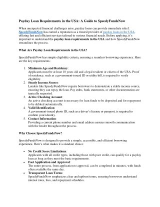 Payday Loan Requirements in the USA