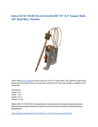 Hatco 02.16.116.00 Hi-Limit Control W/ 1/4" X 4" Copper Bulb | PartsFe