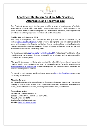 Apartment Rentals in Franklin, MA- Spacious, Affordable, and Ready for You