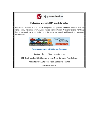 Packers and Movers in HBR Layout, Bangalore