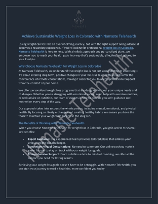 Weight Loss in Colorado with Namaste Telehealth