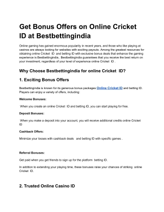 Get Bonus Offers on Online Cricket ID at Bestbettingindia