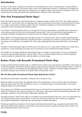 Reduce Waste with Reusable Promotional Plastic Bags