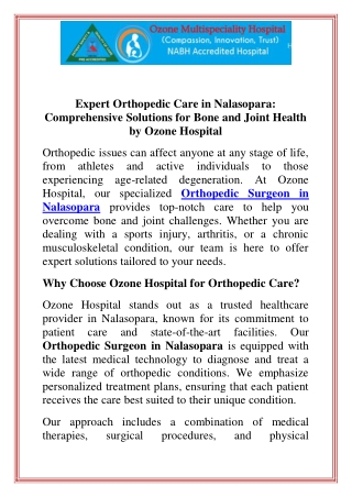 Expert Orthopedic Care in Nalasopara Comprehensive Solutions for Bone and Joint Health by Ozone Hospital