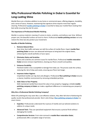 Why Professional Marble Polishing in Dubai is Essential for Long