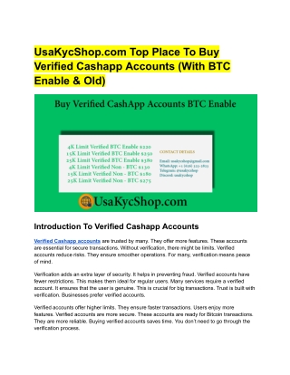 UsaKycShop.com Top Place To Buy Verified Cashapp Accounts (With BTC Enable & Old