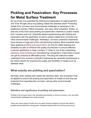 Pickling and Passivation: Key to Metal Surface Protection