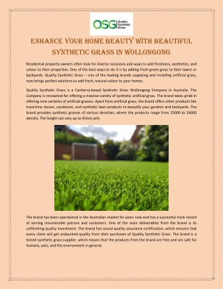 Enhance Your Home Beauty with Beautiful Synthetic Grass in Wollongong