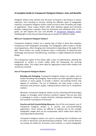 A Complete Guide to Transparent Hologram Stickers: Uses and Benefits