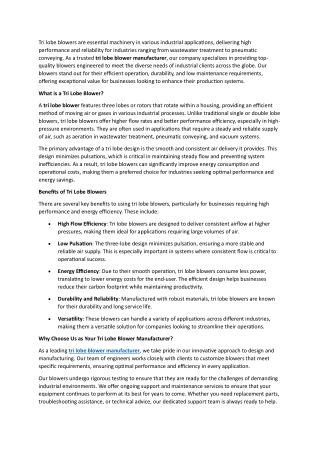 Tri Lobe Blower Manufacturer - Leading the Way in Industrial Efficiency