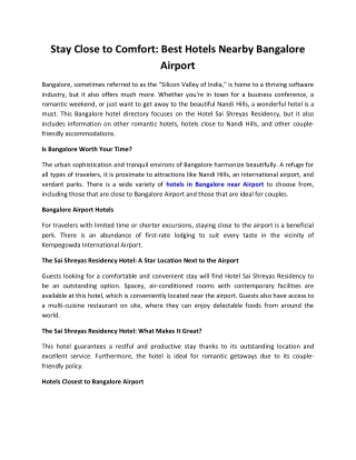 Hotels Near Nandi Hills - Sai Shreyas Residency