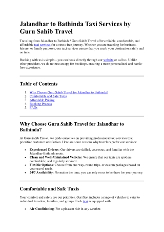 Jalandhar to Bathinda Taxi Services by Guru Sahib Travel