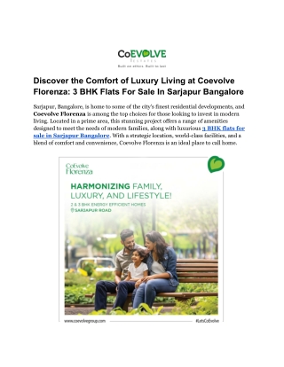 Discover the Comfort of Luxury Living at Coevolve Florenza_ 3 BHK Flats For Sale In Sarjapur Bangalore