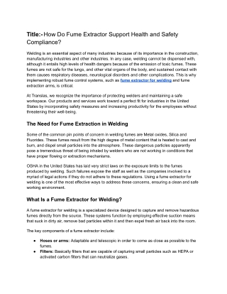 How Do Fume Extractor Support Health and Safety Compliance