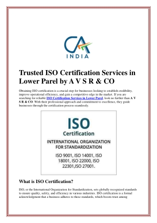 Trusted ISO Certification Services in Lower Parel by A V S R & CO