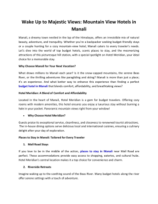 Places To Stay In Manali - Hotel Meridian