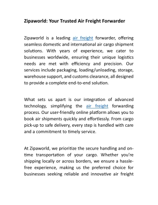 Zipaworld: Your Trusted Air Freight Forwarder