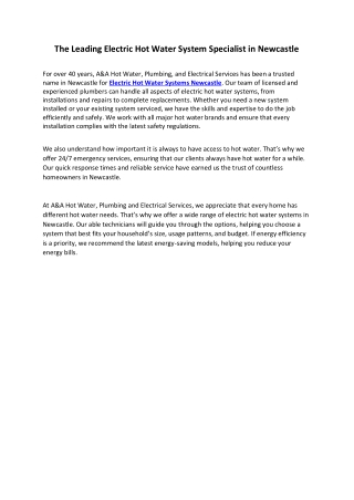 Electric Hot Water Systems Newcastle