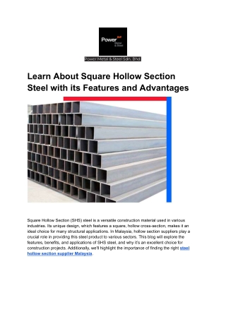 Learn About Square Hollow Section Steel with its Features and Advantages