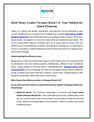 Hard Money Lenders Newport Beach CA - Your Solution for Quick Financing