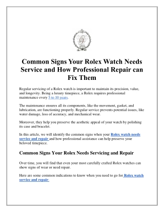 Common Signs Your Rolex Watch Needs Service and How Professional Repair can Fix Them