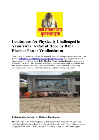 Institutions for Physically Challenged in Vasai Virar: A Ray of Hope by Baba Bha