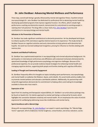 Dr. John DenBoer Advancing Mental Wellness and Performance