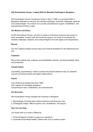 AiR Humanitarian Homes Leading NGO for Mentally Challenged in Bangalore