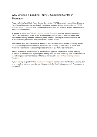 Why Choose a Leading TNPSC Coaching Centre in Thanjavur