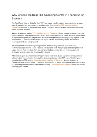 Why Choose the Best TET Coaching Centre in Thanjavur for Success