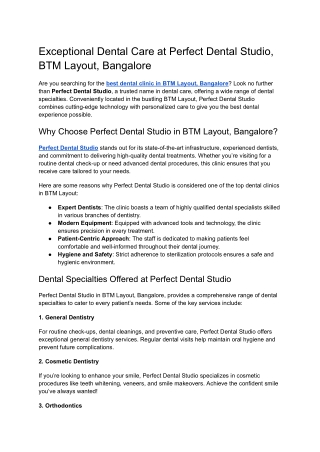 Exceptional Dental Care at Perfect Dental Studio, BTM Layout, Bangalore