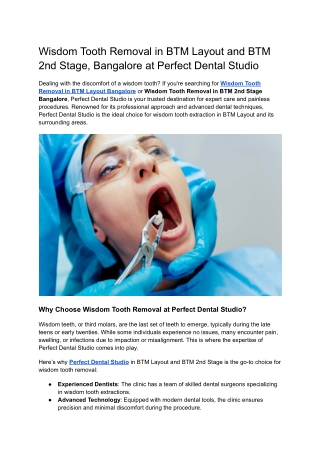 Wisdom Tooth Removal in BTM Layout and BTM 2nd Stage, Bangalore at Perfect Dental Studio