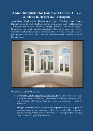 A Modern Solution for Homes and Offices  UPVC Windows in Hyderabad, Telangana