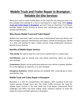 Mobile Truck and Trailer Repair in Brampton - Reliable On-Site Services