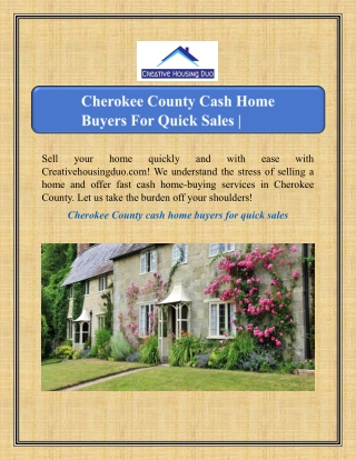 Cherokee County Cash Home Buyers For Quick Sales | Creativehousingduo.com
