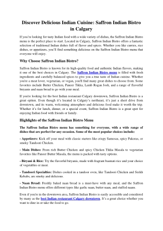 Discover Delicious Indian Cuisine: Saffron Indian Bistro in Calgary