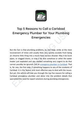 Top 5 Reasons to Call a Carlsbad Emergency Plumber for Your Plumbing Emergencies