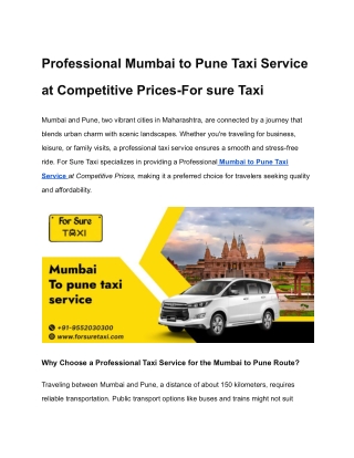 Professional Mumbai to Pune Taxi Service at Competitive Prices-For sure Taxi
