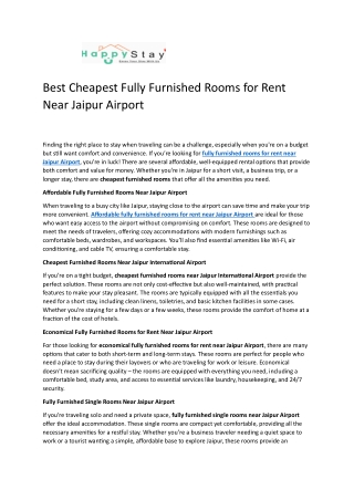 Best Cheapest Fully Furnished Rooms for Rent Near Jaipur Airport