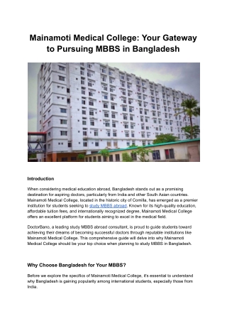 Mainamoti Medical College: Your Gateway to Pursuing MBBS in Bangladesh
