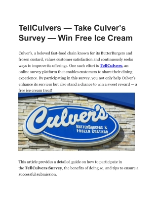 TellCulvers — Take Culver’s Survey — Win Free Ice Cream