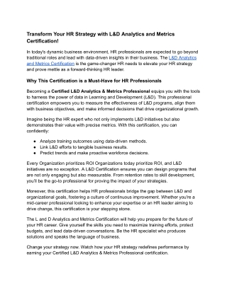 Transform Your HR Strategy with L&D Analytics and Metrics Certification!