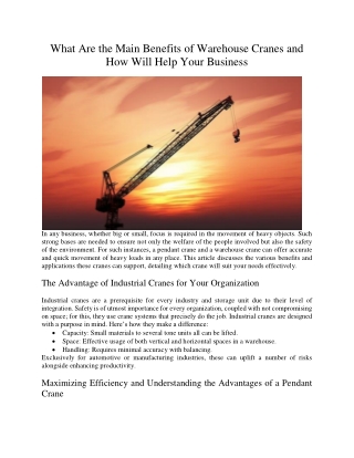 What Are the Main Benefits of Warehouse Cranes and How Will Help Your Business