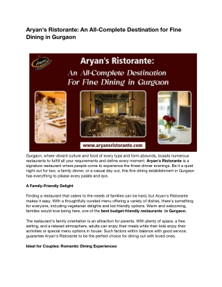 Aryan's Ristorante- An All-Complete Destination for Fine Dining in Gurgaon