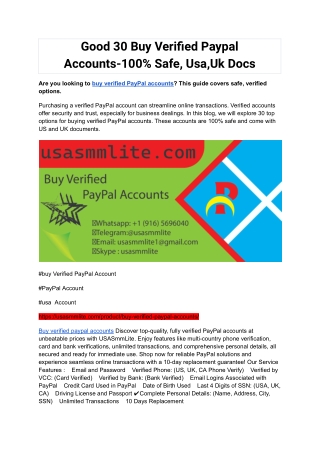 Good 30 Buy Verified Paypal Accounts-100% Safe, Usa,Uk Docs