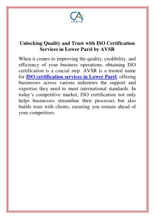 Unlocking Quality and Trust with ISO Certification Services in Lower Parel by AVSR