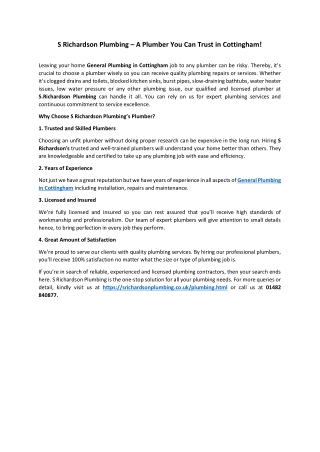 S Richardson Plumbing – A Plumber You Can Trust in Cottingham!