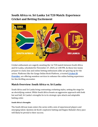 South Africa vs. Sri Lanka 1st T20 Match: Experience Cricket and Betting Excitem