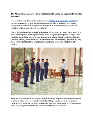 The Many Advantages of Hiring Professional Facility Management Firms for Societies PDF Content in 300 words